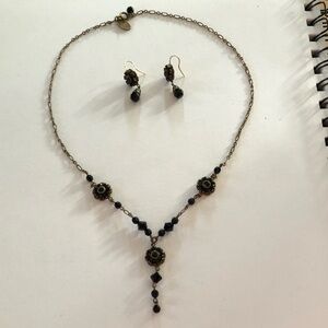 LIZ PAIACIOS SET Black Floral Crystal Necklace & Earring Set